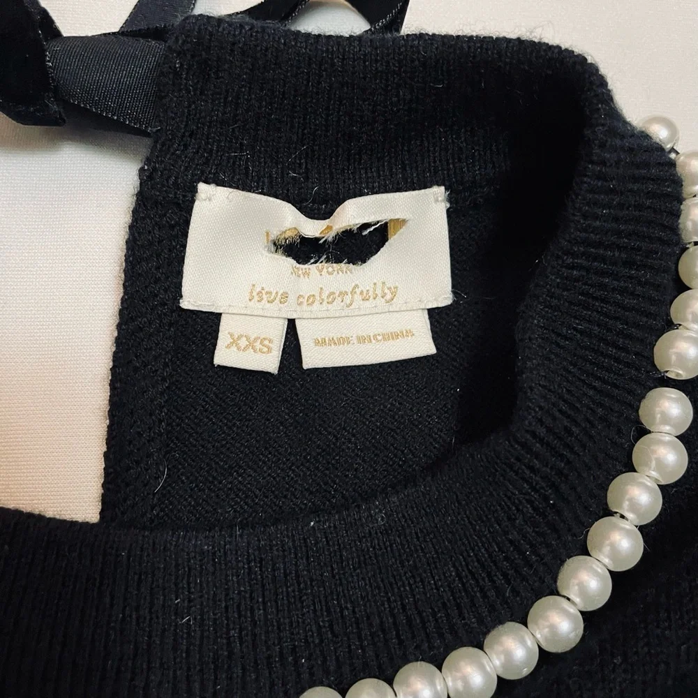 New Kate Spade Black Pearl-Embellished Short-Sleeve Sweater Size XXS